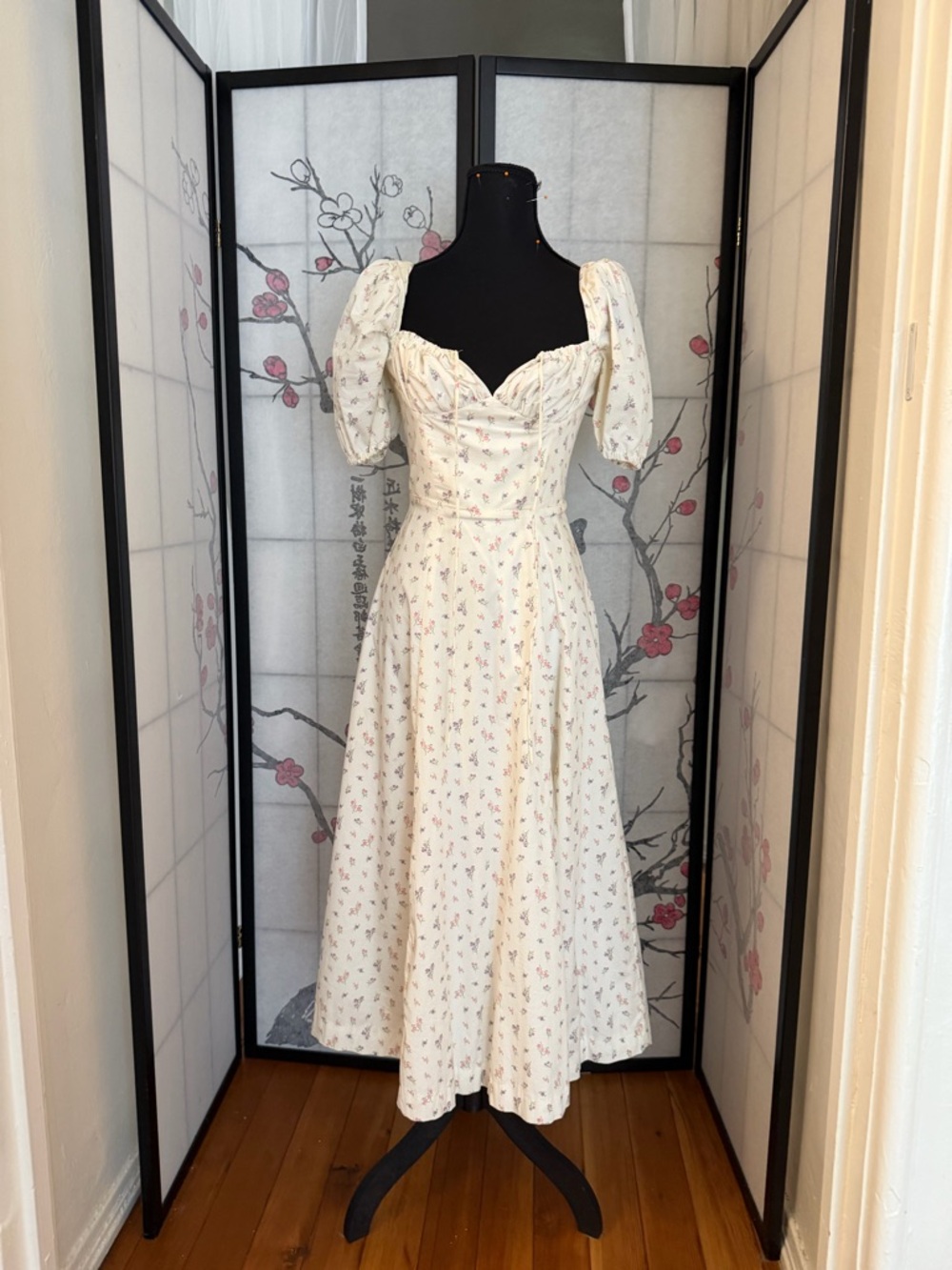 House of CB Ivory Floral Puff-Sleeve Midi Dress